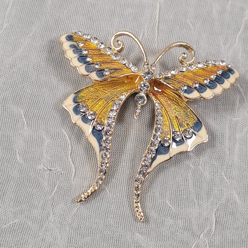 Butterfly Brooch Pin Gold Enamel Rhinestone Swallowtail Wing Design Jewelry